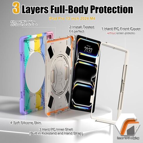 حافظة BRAECNstock للأطفال لجهاز Apple iPad Pro 13 بوصة 2024 الجيل السابع مع حزام يد دوار + حامل قلم حامل حزام كتف مقاوم للصدمات غطاء حماية iPad Pro 13 بوصة M4 - وردي ملون in Kuwait