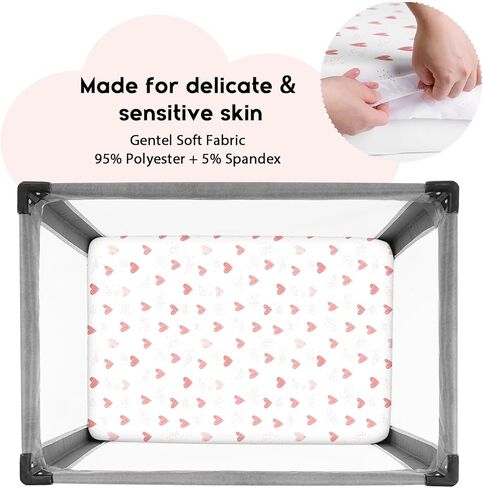 ملاءات Yoofoss Pack and Play المجهزة، ملاءات سرير صغيرة مكونة من قطعتين لمرتبة Pack N Play، ملاءة لعب قابلة للتمدد، ناعمة ومسامية، وردي + قلب in Kuwait