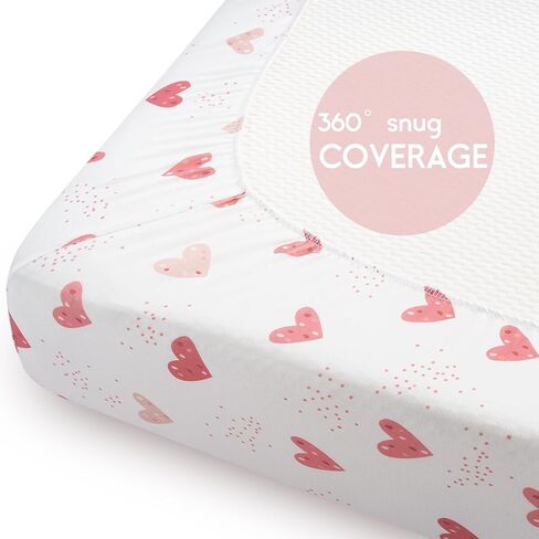 ملاءات Yoofoss Pack and Play المجهزة، ملاءات سرير صغيرة مكونة من قطعتين لمرتبة Pack N Play، ملاءة لعب قابلة للتمدد، ناعمة ومسامية، وردي + قلب in Kuwait