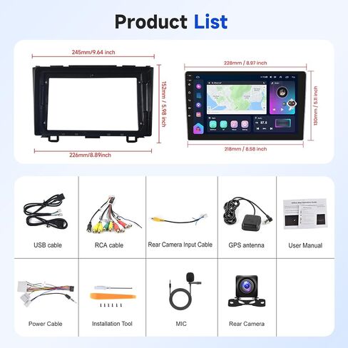 8 Core 2+64G Android Car Radio Stereo لهوندا CRV 2007-2011 مع Carplay اللاسلكي Android Auto، 9 بوصة وحدة رئيسية تعمل باللمس مرآة رابط WiFi GPS Navigation Bluetooth FM RDS DSP كاميرا احتياطية SWC in Kuwait