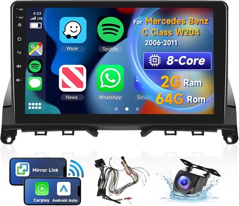 راديو سيارة 8 CORE 2G+64G لسيارة Mercedes Benz C Class W204 2006-2011 مع Carplay Wireless Android Auto، شاشة لمس IPS مقاس 9 بوصة Android 13 ستيريو للسيارة، نظام تحديد المواقع العالمي (GPS)، واي فاي، بلوتوث، 32EQ DSP، كاميرا خلفية in Saudi Arabia