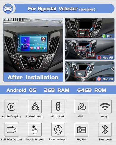 Roinvou 2+64G Android 9" Touch Screen for Hyundai Veloster 2011-2015 with Wireless CarPlay Android Auto WiFi Bluetooth GPS Navigation FM RDS Radio Backup Camera in Saudi Arabia