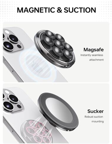 Magnetic Suction Cup Phone Ring Grip, Phone Suction Grip for MagSafe with Adjustable Ring Stand, Hands-Free Suction Phone Case for iPhone 15/14/13/12 Series for Make Up & Selfies Classic Black in Saudi Arabia
