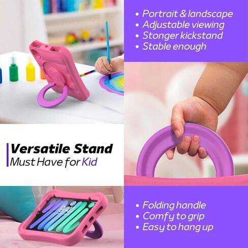 Kids Case for iPad Mini 6th Generation 8.3 inch – Lightweight Rotating Stand Folding Handle Rugged Cover for Apple ipad Mini 6 Gen Girls Boys, Pink in Saudi Arabia