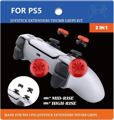 Joystick Caps Thumbsticks Extender for PS5/PS4 Controller, Thumbs Grips Caps 1 High-Rise & 1 Mid-Rise Concave Anti-Slip Accessories Thumb Sticks for PS5 Controller, Red in Kuwait