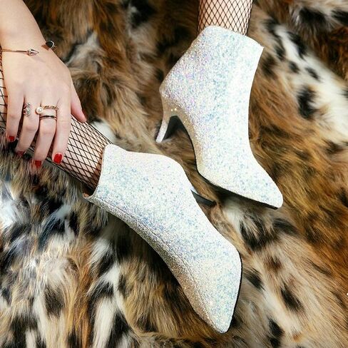 LUXMAX Womens Glitter Kitten Heel Boots Pointed Toe Zipper Ankle Booties in Saudi Arabia