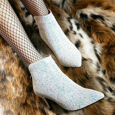 LUXMAX Womens Glitter Kitten Heel Boots Pointed Toe Zipper Ankle Booties in Saudi Arabia
