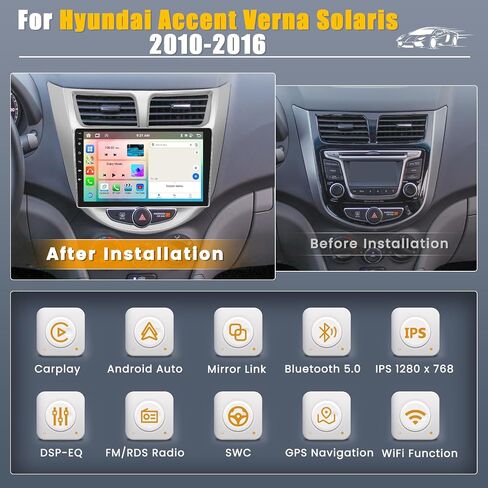 راديو ترقية ستيريو للسيارة 8-Core 6+128G Android 13 لسيارة Hyundai Accent Verna Solaris 2010-2016، شاشة لمس عالية الدقة 9 بوصة مع CarPlay اللاسلكي وAndroid Auto، كاميرا احتياطية AHD، وصلة مرآة، GPS Navi in Saudi Arabia