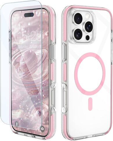 MATEPROX Magnetic Clear Compatible with iPhone 16 Pro Max Case[2024],[Compatible with MagSafe][Never Yellowing] Anti-Slip Military Protective Bumpers Cover 6.9" with Screen Protector-Pink in Saudi Arabia