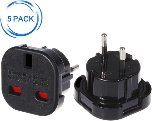 (Black-5pcs) UK to EU Travel Converter,UK 3-Pin to European 2-Pin Grounded Travel Adapter Plug，EU 2 Cylindrical Plug to UK 3 Holes Socket AC Power Charger Adapter in Saudi Arabia