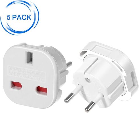 (Black-5pcs) UK to EU Travel Converter,UK 3-Pin to European 2-Pin Grounded Travel Adapter Plug，EU 2 Cylindrical Plug to UK 3 Holes Socket AC Power Charger Adapter in Saudi Arabia