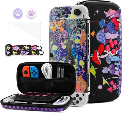 HYPERCASE Cute Mushroom Floral Switch OLED Carrying Case, Portable Travel Accessories Storage Bag with Glitter Switch OLED Protective Cover Skin, Shoulder Strap, Screen Protector & 2 Thump Caps in Saudi Arabia