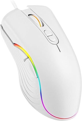 ماوس ألعاب سلكي مريح سلكي 5 ألوان RGB بإضاءة خلفية كابل طويل (155 سم/61 بوصة) 7 أزرار 4 مستويات 2400 نقطة في البوصة قابلة للتعديل لرحلات العمل والسفر لأجهزة الكمبيوتر المحمول Windows/iOS/Android/الكمبيوتر الشخصي (أبيض) in Saudi Arabia
