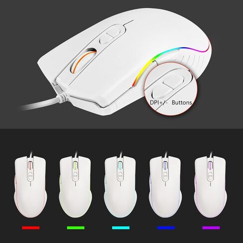ماوس ألعاب سلكي مريح سلكي 5 ألوان RGB بإضاءة خلفية كابل طويل (155 سم/61 بوصة) 7 أزرار 4 مستويات 2400 نقطة في البوصة قابلة للتعديل لرحلات العمل والسفر لأجهزة الكمبيوتر المحمول Windows/iOS/Android/الكمبيوتر الشخصي (أبيض) in Saudi Arabia