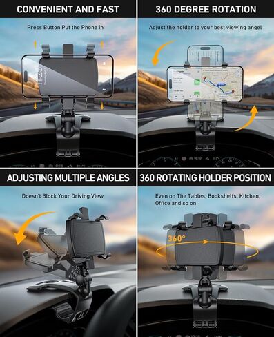 حامل الهاتف الخليوي على لوحة القيادة، حامل الهاتف المحمول متعدد الوظائف على لوحة القيادة مع قاعدة مضادة للانزلاق، دوران 360 درجة وتصميم مشبك للتشغيل بيد واحدة، متوافق مع الهواتف الذكية مقاس 4-7 بوصة in Kuwait