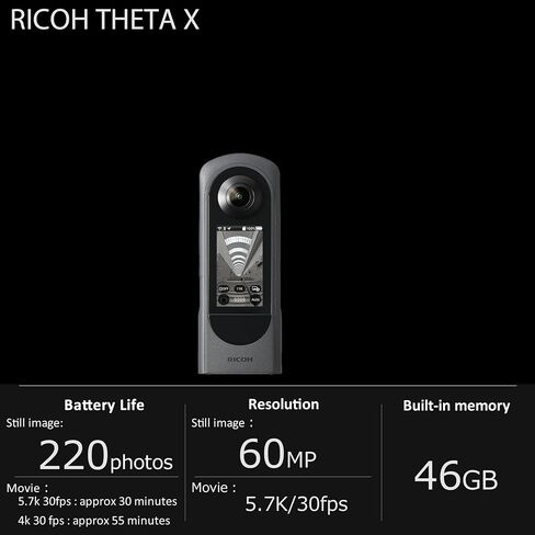 كاميرا Ricoh Theta X 360 درجة، صورة عالية الدقة لحوالي 60 مترًا، 5.7K 360، شاشة تعمل باللمس (متجددة) in Kuwait