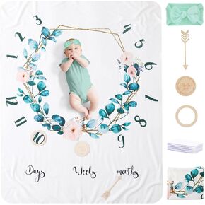 Baby Milestone Blanket with Sign, 59"X47" Large Baby Blankets for Girls & Boys with Headband Set, Baby Girl Blankets Soft Plush with Wrinkle Free Tapes, Baby Monthly Milestone Photo Prop Decor