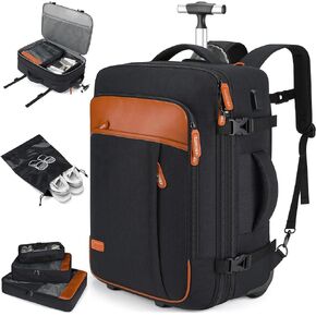 Lumesner rolling backpack, 17-inch water-resistant wheeled laptop backpack, carry-on luggage for business trips, overnight stays, or college use, a trolley suitcase for men and women，Black
