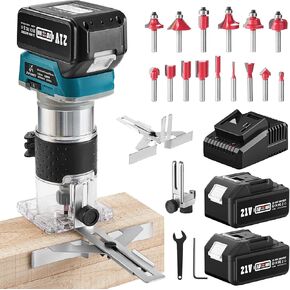 Avhrit Cordless Compact Wood Router, 21V Wood Router Tool With 1PCS 4.0Ah Battery, Brushless Portable Handheld Palm Routers for Woodworking, Wood Trimmer Cutting with 15 pieces 1/4" Router Bits Set