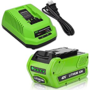6.0Ah Lithium ion 40 Volt 29472 Battery and 29482 Charger Replacement for Greenworks 40V Battery and Charger Compatible with Greenworks 29462 29472 29482 Battery Charger