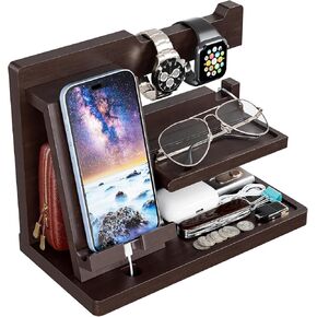 Yirilan Wood Phone Docking Station, Nightstand Organizer, Birthday Gifts for Men -Gifts for Dad/Boyfriend/Grandpa, Anniversary, Christmas, Graduation Travel Idea Gadgets-Brown