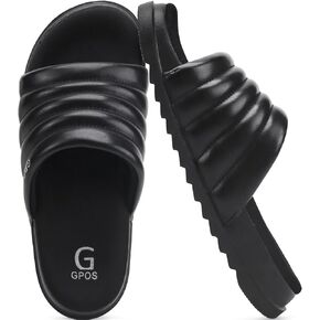 GPOS Womens Slides with Memory Foam Soft Cushioned Cozy House Slippers for Woman Comfy Open Toe Ladies Sandals Leather Slip on Bedroom Shoes Plantar Fasciitis Indoor Outdoor