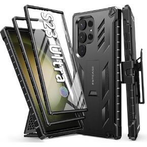 حافظة FNTCASE لهاتف Samsung Galaxy S23 Ultra: واقي شاشة مدمج ومسند وحافظة بمشبك حزام، غطاء هاتف واقٍ متين بطبقة مزدوجة وشديد التحمل ومقاوم للصدمات - أسود