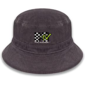 Concept One MTV Checkered Logo Bucket Hat, Packable Travel Hat, Wide Brim Summer Hat, Blue Denim, Medium/Large