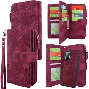 Harryshell Detachable Magnetic Zipper Wallet Leather Case Cash Pocket with 12 Card Slots Holder Wrist Strap for Samsung Galaxy S20 FE 5G (2020) Floral Flower (Gray)