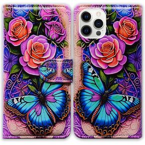 Bcov Case for iPhone 13 Pro Max, Colorful Dragonfly Leather Flip Phone Case Wallet Cover with Card Slot Holder Kickstand for iPhone 13 Pro Max
