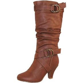 TOP Moda BAG-55 Women's Knee High Buckle Slouched Kitten Heel Boots