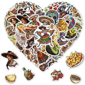 Pack 50 Pcs Cute Mexican Theme Stickers for Water Bottles Funny Laptop Luggage Computer Scrapbooking Cooler Teens Girls Boys Adults Waterproof Aesthetic Sticker Small Vinyl Decals