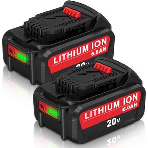 2 Packs 6.0Ah 20 Volt DCB206 Battery Replacement for Dewalt 20V Battery Compatible with Dewalt 20V Max Battery DCB206-2 DCB204 DCB204-2 DCB207 DCB203 DCB201 DCB200 (Red)