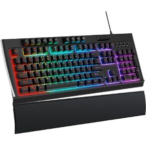 لوحة مفاتيح ألعاب OMOTON مع مسند معصم مغناطيسي، ومفاتيح غشائية منخفضة الحجم وصامتة، RGB قابلة للبرمجة، لوحة مفاتيح سلكية بإضاءة خلفية لأجهزة الكمبيوتر المحمول التي تعمل بنظام Windows وأجهزة Mac وما إلى ذلك، أسود كلاسيكي
