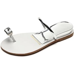 Womens Silver Rhinestone Beach Wedding Summer Jeweled Sandals Slip on Toe Ring Loop Bling Jelly Flat Gladiator Sandals Dress Dressy Wedges Bohemia Flip Flops Thong Sandal