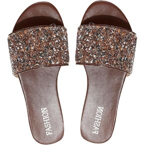 OYOANGLE Women's Rhinestone Glitter PU Leather Open Toe Flat Sandals Bling Sparkly Slides Slippers