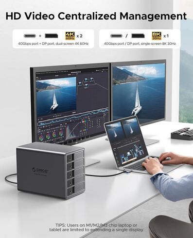 حاوية محرك الأقراص الصلبة الخارجية ORICO 40 جيجابت في الثانية Daisy Chaining 5bay مع واجهة محور من النوع C وتوسيع DP تدعم فيديو 4k/8k حتى 330 تيرابايت-9858T3 in Saudi Arabia