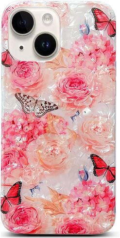 Qokey for iPhone 14 Case,for iPhone 13 Case,Cute Flower Case for Girls Women, Shell Pattern Soft Bumper Lightweight Slim Fit Case TPU Shockproof Phone Cover for iPhone 14/13 6.1", Pink Floral in Kuwait