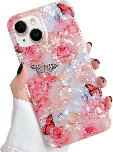 Qokey for iPhone 14 Case,for iPhone 13 Case,Cute Flower Case for Girls Women, Shell Pattern Soft Bumper Lightweight Slim Fit Case TPU Shockproof Phone Cover for iPhone 14/13 6.1", Pink Floral in Kuwait