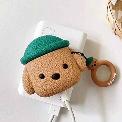 حافظة متوافقة مع AirPods 1/2، أحدث حافظة لسماعات الأذن على شكل قبعة حيوانات أليفة لطيفة ومبتكرة، غطاء حماية من السيليكون الناعم على شكل جرو لسماعات AirPods1&2+خطاف - بني in Kuwait