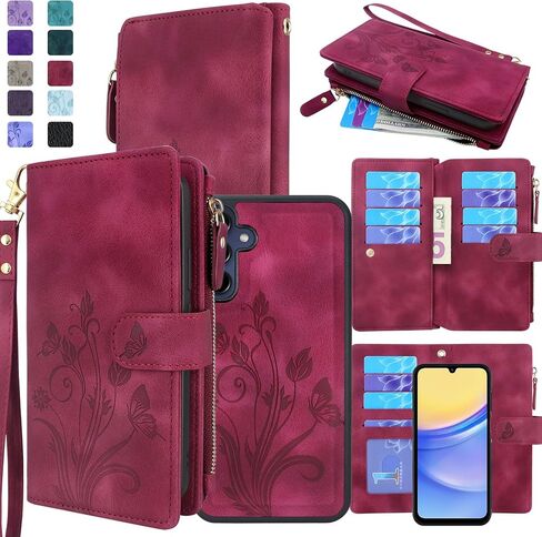 Lacass Case Wallet for Samsung Galaxy A15 5G, [12 Card Slots] ID Credit Cash Holder Zipper Pocket Detachable Leather Wallet Cover with Wrist Strap Lanyard（Floral Wine Red） in Saudi Arabia
