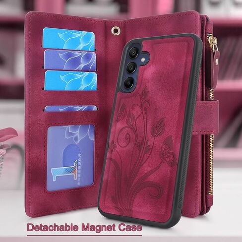 Lacass Case Wallet for Samsung Galaxy A15 5G, [12 Card Slots] ID Credit Cash Holder Zipper Pocket Detachable Leather Wallet Cover with Wrist Strap Lanyard（Floral Wine Red） in Saudi Arabia