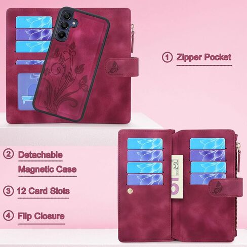 Lacass Case Wallet for Samsung Galaxy A15 5G, [12 Card Slots] ID Credit Cash Holder Zipper Pocket Detachable Leather Wallet Cover with Wrist Strap Lanyard（Floral Wine Red） in Saudi Arabia