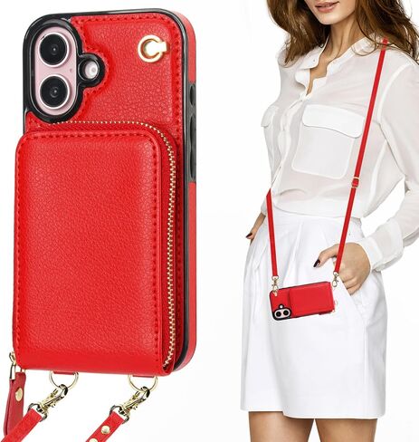 حافظة محفظة KIHUWEY Crossbody لهاتف iPhone 16، حافظة جيب بسحاب مع حامل بطاقة، حافظة حماية من جلد البولي يوريثان RFID مع مسند حزام معصم قابل للفصل 6.1 بوصة (بني) in Saudi Arabia