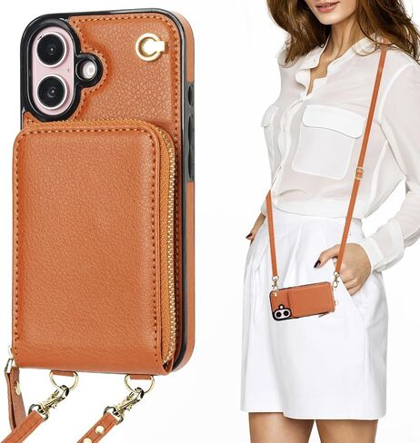 حافظة محفظة KIHUWEY Crossbody لهاتف iPhone 16، حافظة جيب بسحاب مع حامل بطاقة، حافظة حماية من جلد البولي يوريثان RFID مع مسند حزام معصم قابل للفصل 6.1 بوصة (بني) in Saudi Arabia