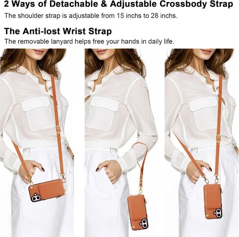حافظة محفظة KIHUWEY Crossbody لهاتف iPhone 16، حافظة جيب بسحاب مع حامل بطاقة، حافظة حماية من جلد البولي يوريثان RFID مع مسند حزام معصم قابل للفصل 6.1 بوصة (بني) in Saudi Arabia