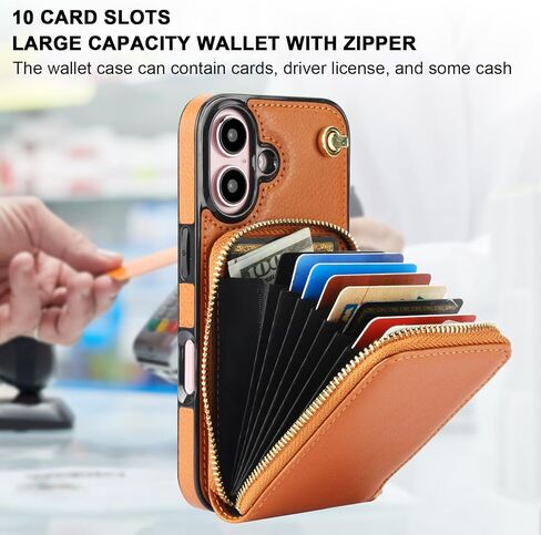 حافظة محفظة KIHUWEY Crossbody لهاتف iPhone 16، حافظة جيب بسحاب مع حامل بطاقة، حافظة حماية من جلد البولي يوريثان RFID مع مسند حزام معصم قابل للفصل 6.1 بوصة (بني) in Saudi Arabia