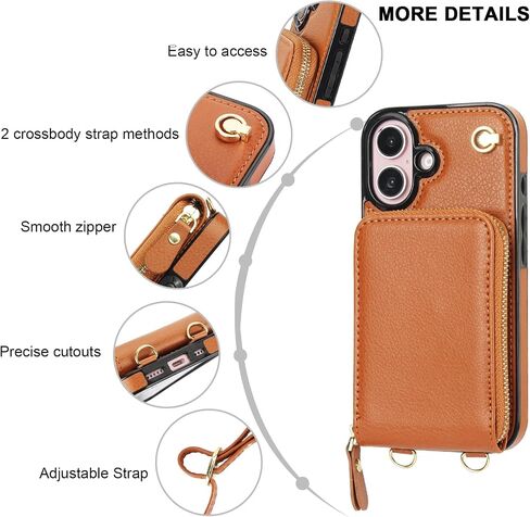 حافظة محفظة KIHUWEY Crossbody لهاتف iPhone 16، حافظة جيب بسحاب مع حامل بطاقة، حافظة حماية من جلد البولي يوريثان RFID مع مسند حزام معصم قابل للفصل 6.1 بوصة (بني) in Saudi Arabia