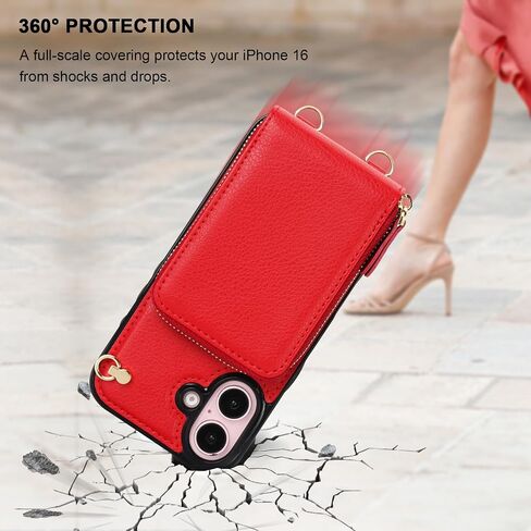 حافظة محفظة KIHUWEY Crossbody لهاتف iPhone 16، حافظة جيب بسحاب مع حامل بطاقة، حافظة حماية من جلد البولي يوريثان RFID مع مسند حزام معصم قابل للفصل 6.1 بوصة (بني) in Saudi Arabia