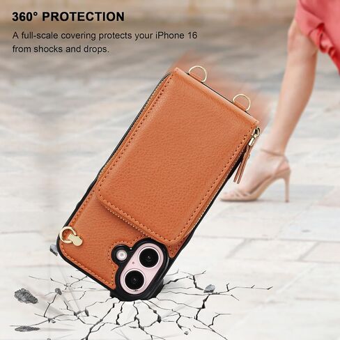 حافظة محفظة KIHUWEY Crossbody لهاتف iPhone 16، حافظة جيب بسحاب مع حامل بطاقة، حافظة حماية من جلد البولي يوريثان RFID مع مسند حزام معصم قابل للفصل 6.1 بوصة (بني) in Saudi Arabia